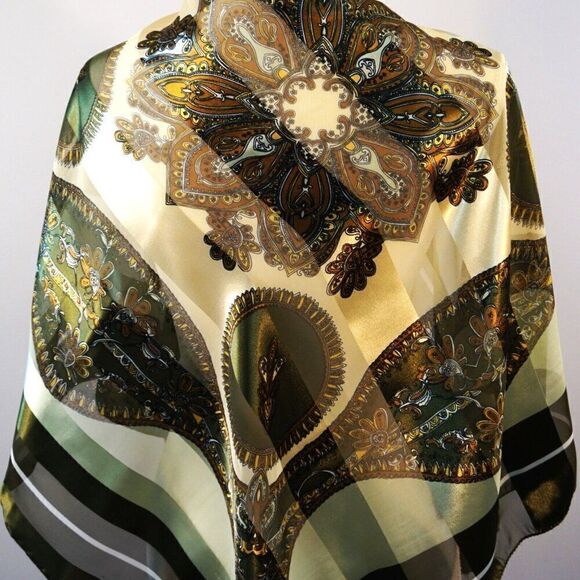 Fashion BanDo Womens Scarf Geometric Floral 40 x 40 Square Green Brown - Picture 5 of 11